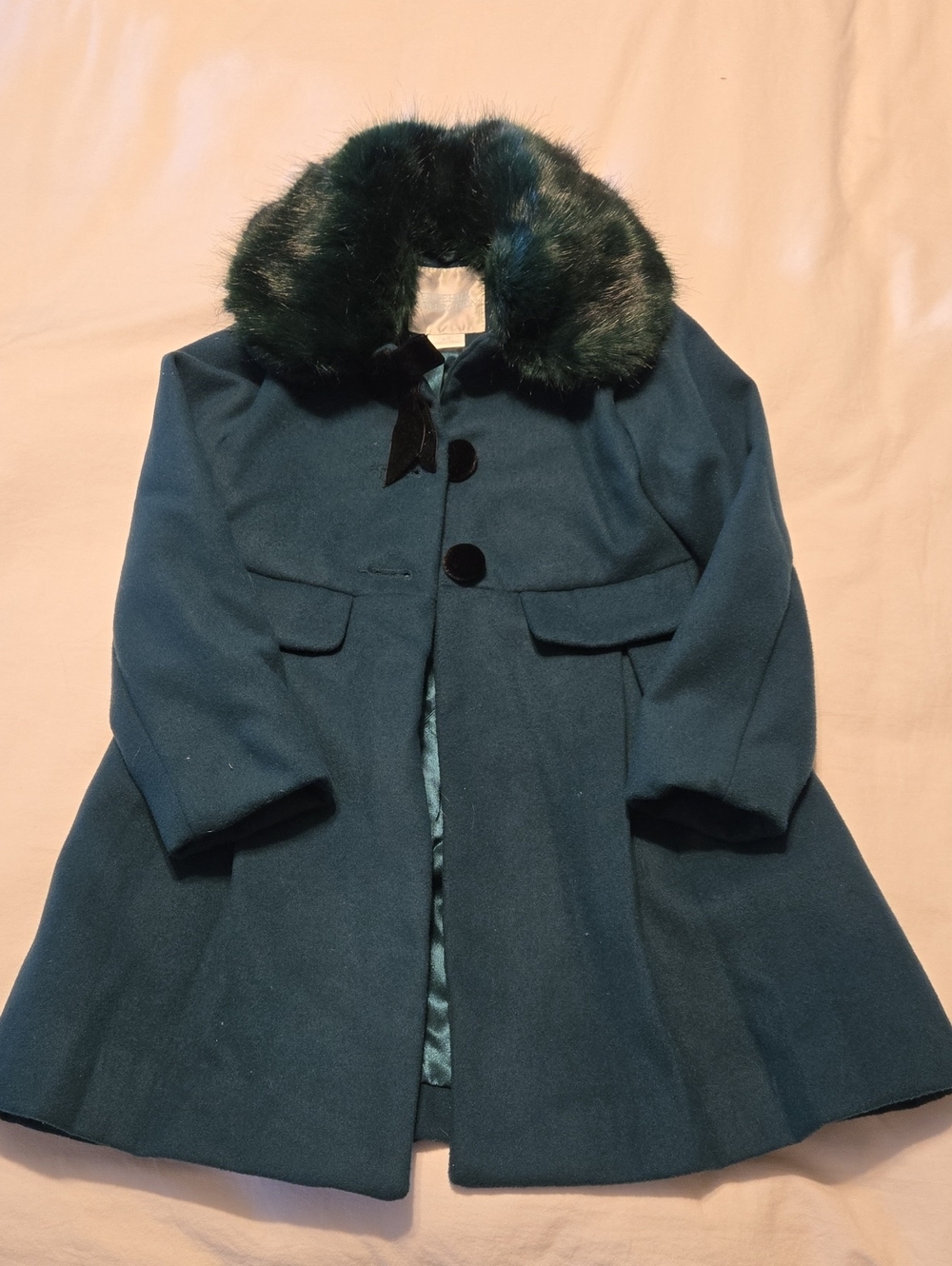 Edgehill Collection Girls' Hunter Green Pea Coat with Faux Fur Collar